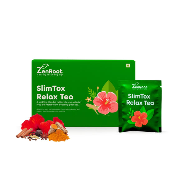 SlimTox Relax Tea | Stress-free weight tea | Light calming taste | Blended with Valerian, Nettle & Tulsi and other calming herbs | Reduces stress & supports weight balance