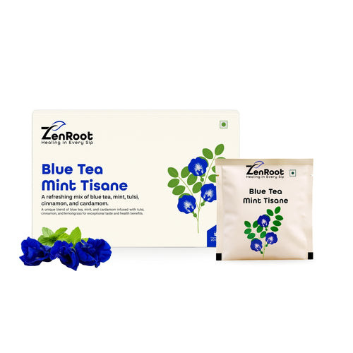 Blue Tea Mint Tisane | Refreshing blue flower tea | Natural blue color with cooling herbs | Blended with Butterfly Pea, Tulsi & Mint and other refreshing herbs | Refreshes body & helps detox