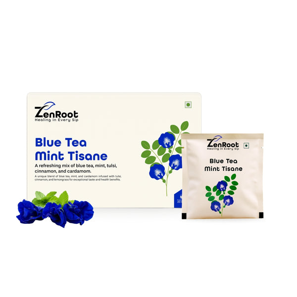 Blue Tea Mint Tisane | Refreshing blue flower tea | Natural blue color with cooling herbs | Blended with Butterfly Pea, Tulsi & Mint and other refreshing herbs | Refreshes body & helps detox