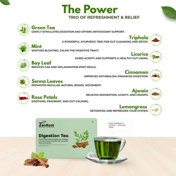 Digestion Tea | Tea for better digestion | Fresh minty taste | Blended with Triphala, Mint & Ajwain and other digestive herbs | Reduces bloating & improves gut health