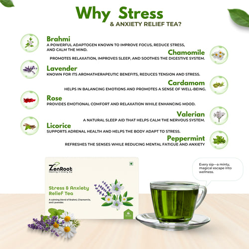 Stress & Anxiety Relief Tea | Tea for stress free mind | Smooth calming flavor | Blended with Brahmi, Chamomile & Lavender and other stress relief herbs | Reduces anxiety & improves mood
