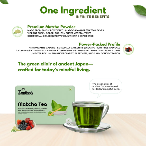 Matcha Tea | Japanese green matcha | Rich earthy taste | Blended with Matcha Powder, Catechins & Chlorophyll and other energizing herbs | Boosts focus & provides clean energy