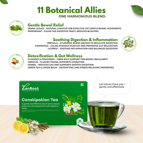 Constipation Tea | Natural relief from constipation | Mild herbal taste | Blended with Senna, Triphala & Peppermint and other digestive herbs | Supports smooth digestion & bowel movement