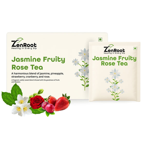 Jasmine Fruity Rose Tea | Mood uplifting fruity tea | Sweet floral-fruity aroma | Blended with Jasmine, Strawberry & Rose and other uplifting herbs | Refreshes mind & uplifts mood