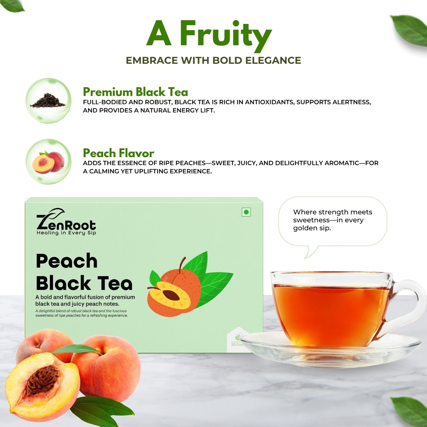 Peach Black Tea | Fruity black tea | Sweet peach aroma | Blended with Black Tea, Peach Flavor & Antioxidants and other refreshing herbs | Boosts energy & refreshes mood