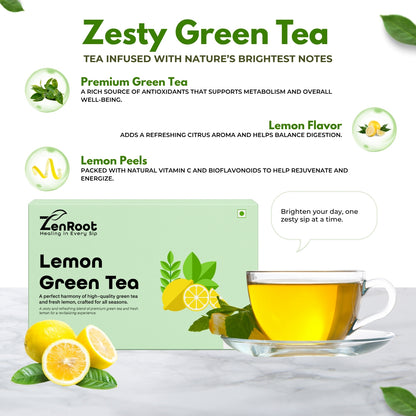 Lemon Green Tea | Simple lemon green tea | Light citrus aroma | Blended with Green Tea, Lemon Peel & Lemon Flavor and other detox herbs | Boosts energy & supports detox