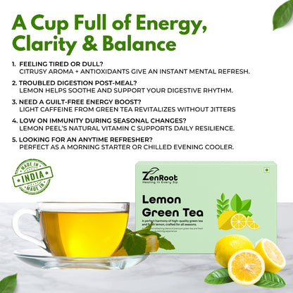 Lemon Green Tea | Simple lemon green tea | Light citrus aroma | Blended with Green Tea, Lemon Peel & Lemon Flavor and other detox herbs | Boosts energy & supports detox