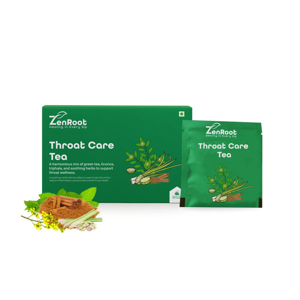 Throat Care Tea | Tea for sore throat relief | Warm soothing taste | Blended with Licorice, Triphala & Mint and other soothing herbs | Relieves cough & throat irritation