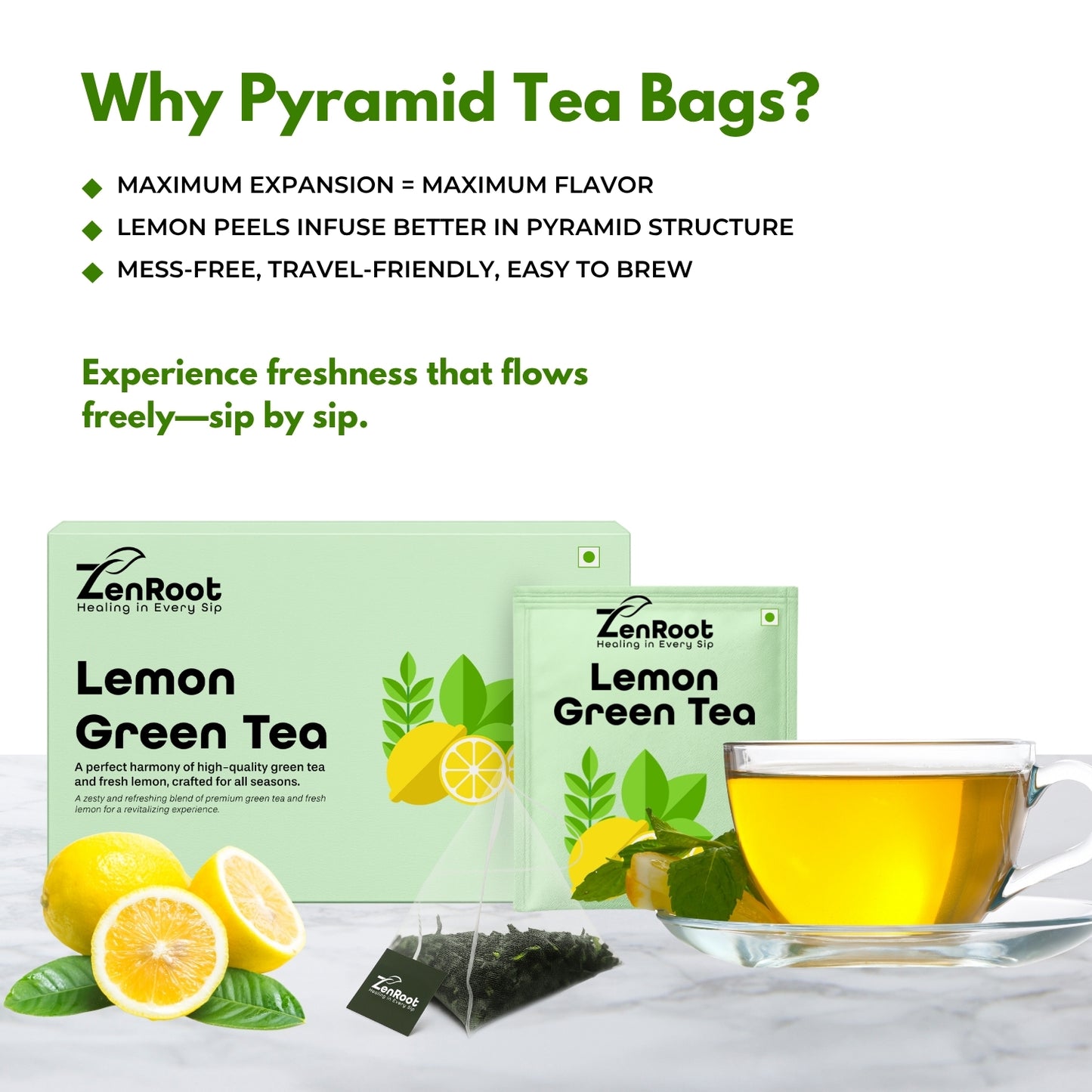Lemon Green Tea | Simple lemon green tea | Light citrus aroma | Blended with Green Tea, Lemon Peel & Lemon Flavor and other detox herbs | Boosts energy & supports detox