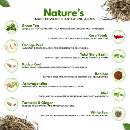 Anti-Aging Tea | Herbal tea for glowing skin | Light floral aroma | Blended with Green Tea, Rose & Ashwagandha and other wellness herbs | Reduces signs of aging & supports vitality