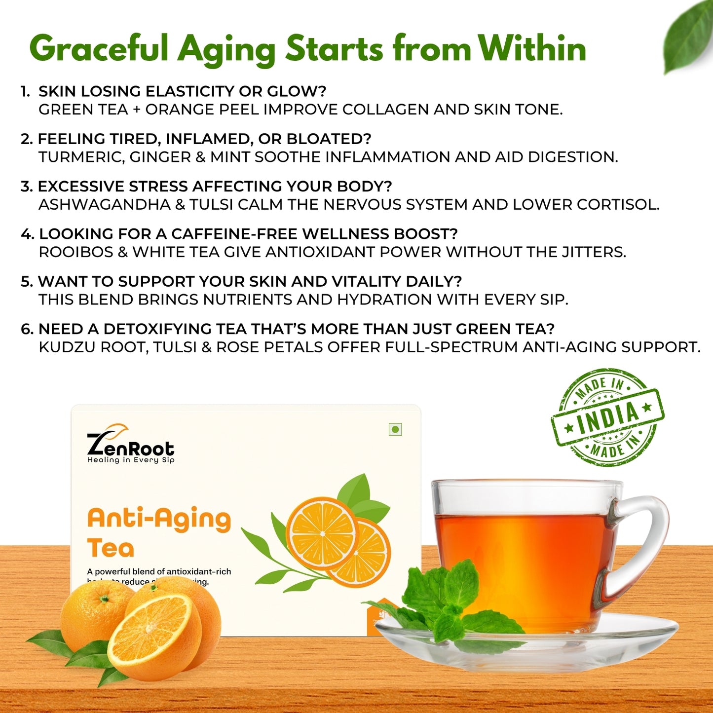 Anti-Aging Tea | Herbal tea for glowing skin | Light floral aroma | Blended with Green Tea, Rose & Ashwagandha and other wellness herbs | Reduces signs of aging & supports vitality