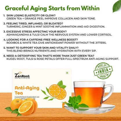 Anti-Aging Tea | Herbal tea for glowing skin | Light floral aroma | Blended with Green Tea, Rose & Ashwagandha and other wellness herbs | Reduces signs of aging & supports vitality