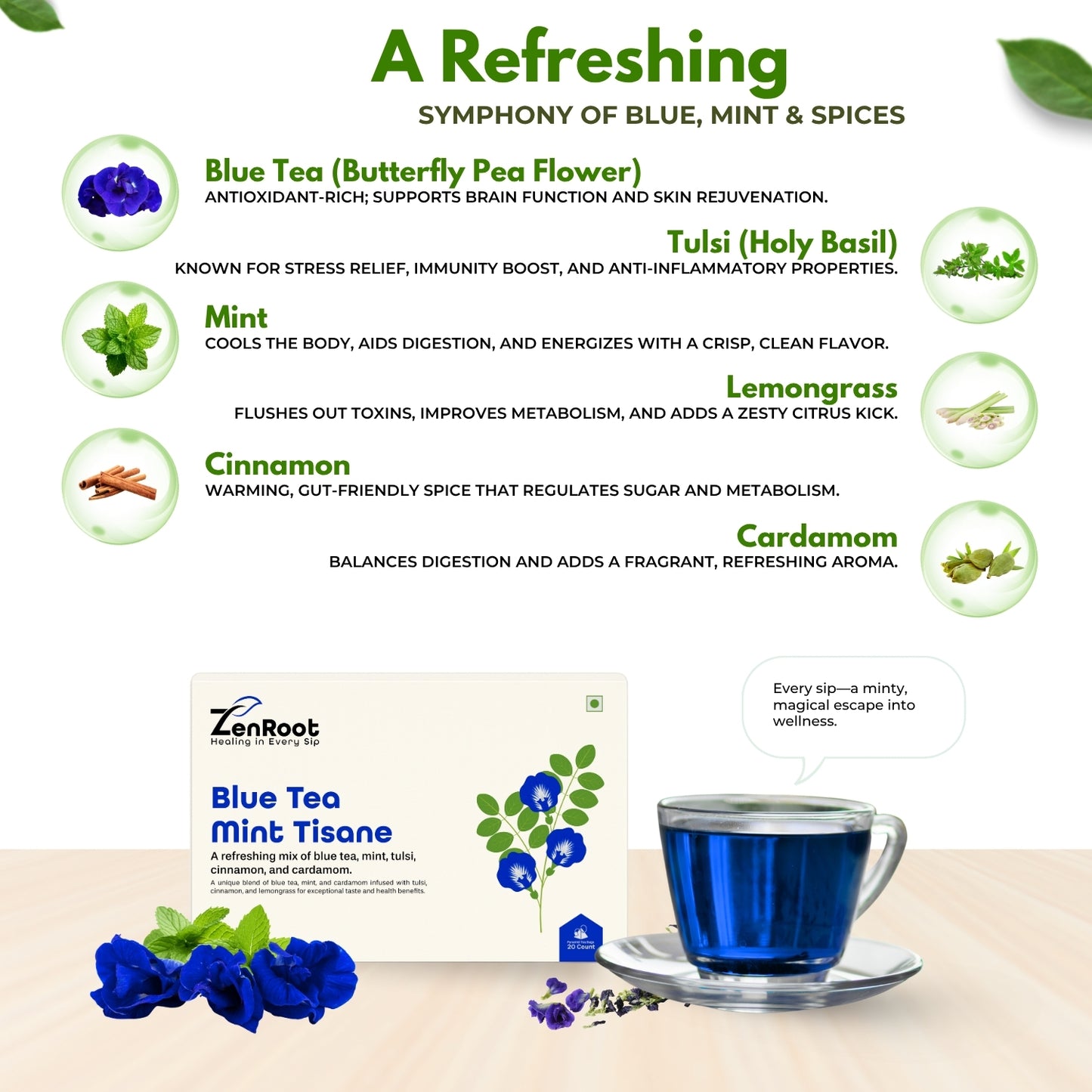 Blue Tea Mint Tisane | Refreshing blue flower tea | Natural blue color with cooling herbs | Blended with Butterfly Pea, Tulsi & Mint and other refreshing herbs | Refreshes body & helps detox