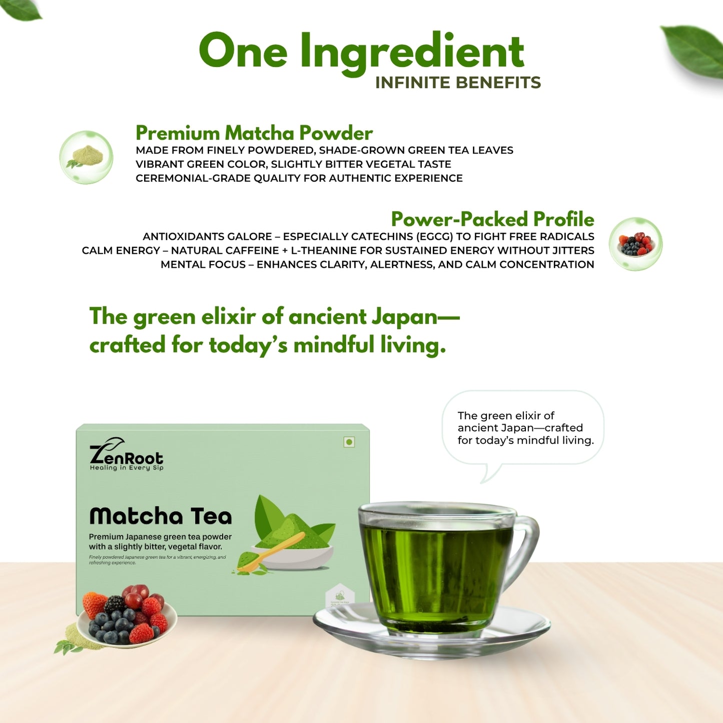 Matcha Tea | Japanese green matcha | Rich earthy taste | Blended with Matcha Powder, Catechins & Chlorophyll and other energizing herbs | Boosts focus & provides clean energy
