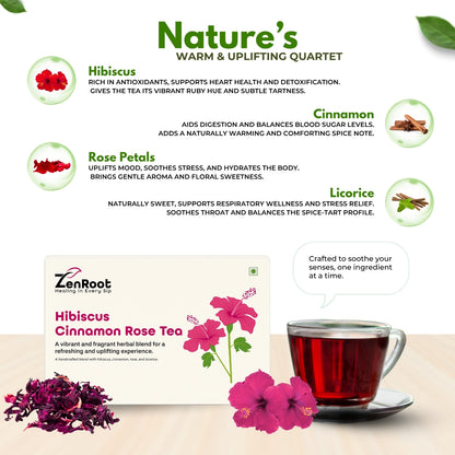 Hibiscus Cinnamon Rose Tea | Herbal tea for balance & vitality | Floral & spicy flavor | Blended with Hibiscus, Cinnamon & Rose and other nourishing herbs | Helps regulate blood pressure & supports overall wellness