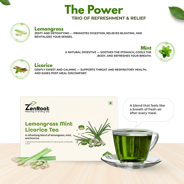 Lemongrass Mint Licorice Tea | Tea for fresh digestion | Zesty herbal taste | Blended with Lemongrass, Mint & Licorice and other soothing herbs | Soothes stomach & refreshes naturally
