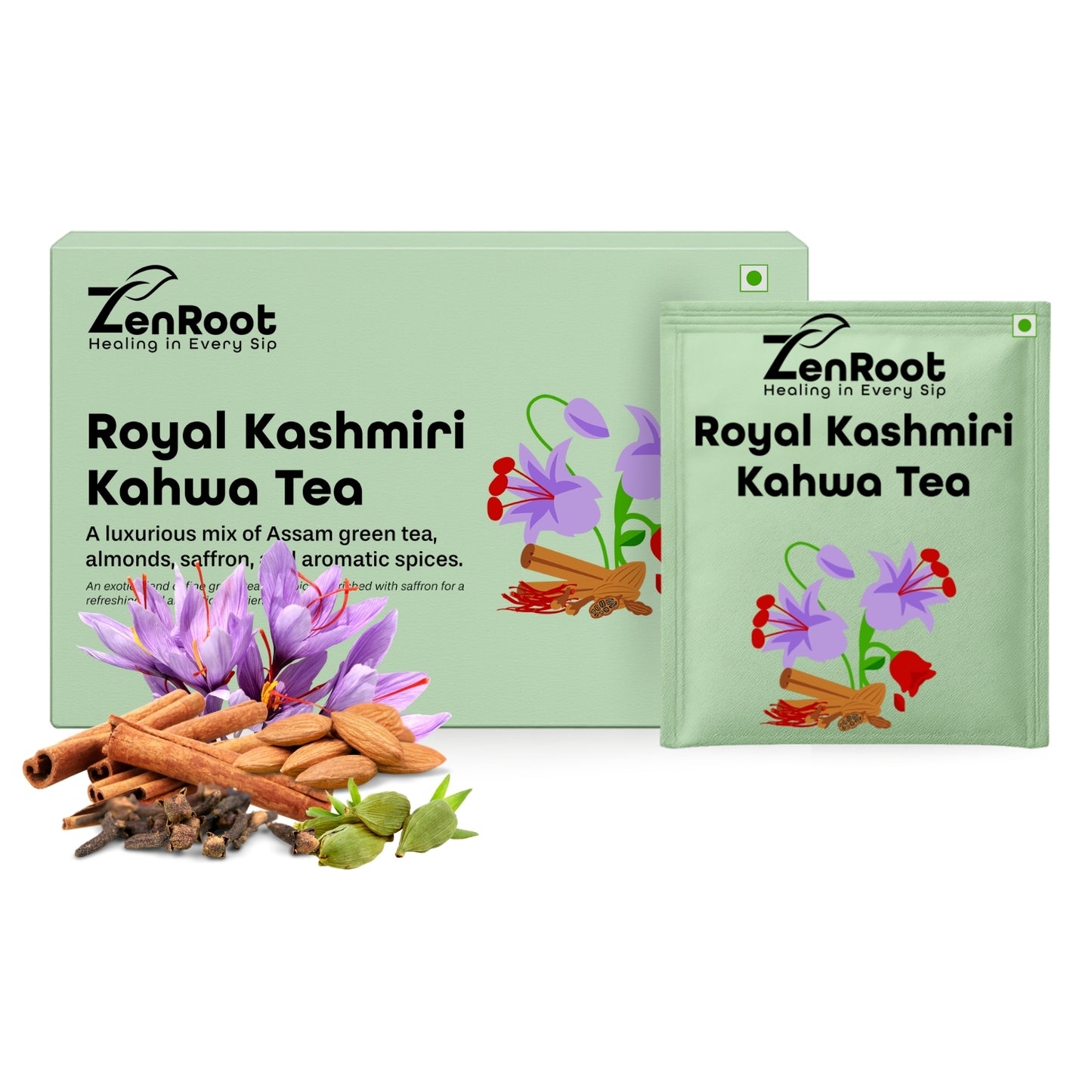 Royal Kashmiri Kahwa | Saffron spiced Kashmiri tea | Warm rich flavor | Blended with Green Tea, Saffron & Almonds and other enriching herbs | Improves digestion & uplifts mood