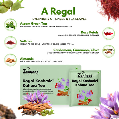 Royal Kashmiri Kahwa | Saffron spiced Kashmiri tea | Warm rich flavor | Blended with Green Tea, Saffron & Almonds and other enriching herbs | Improves digestion & uplifts mood