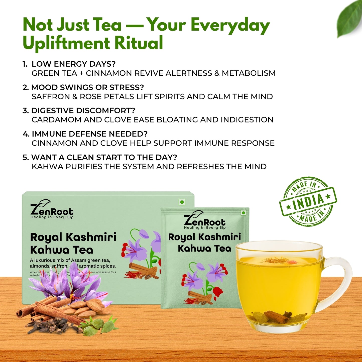 Royal Kashmiri Kahwa | Saffron spiced Kashmiri tea | Warm rich flavor | Blended with Green Tea, Saffron & Almonds and other enriching herbs | Improves digestion & uplifts mood
