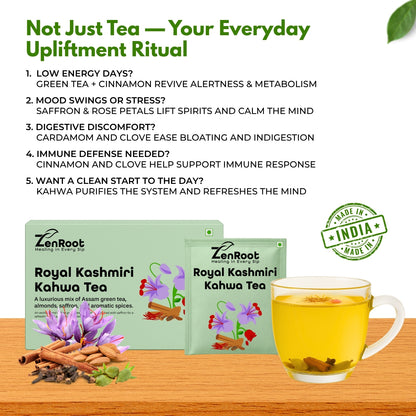 Royal Kashmiri Kahwa | Saffron spiced Kashmiri tea | Warm rich flavor | Blended with Green Tea, Saffron & Almonds and other enriching herbs | Improves digestion & uplifts mood
