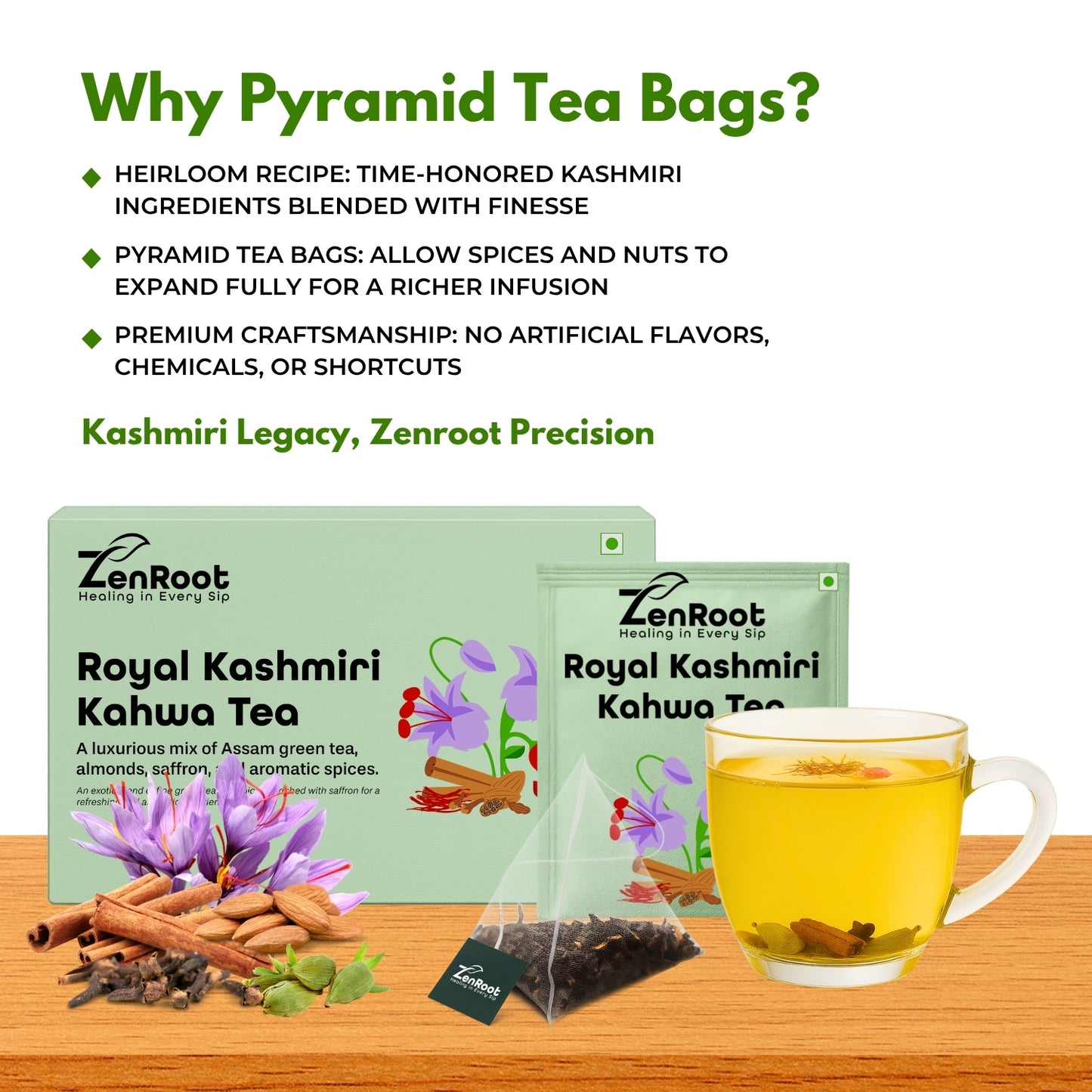 Royal Kashmiri Kahwa | Saffron spiced Kashmiri tea | Warm rich flavor | Blended with Green Tea, Saffron & Almonds and other enriching herbs | Improves digestion & uplifts mood