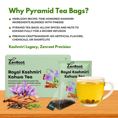 Royal Kashmiri Kahwa | Saffron spiced Kashmiri tea | Warm rich flavor | Blended with Green Tea, Saffron & Almonds and other enriching herbs | Improves digestion & uplifts mood