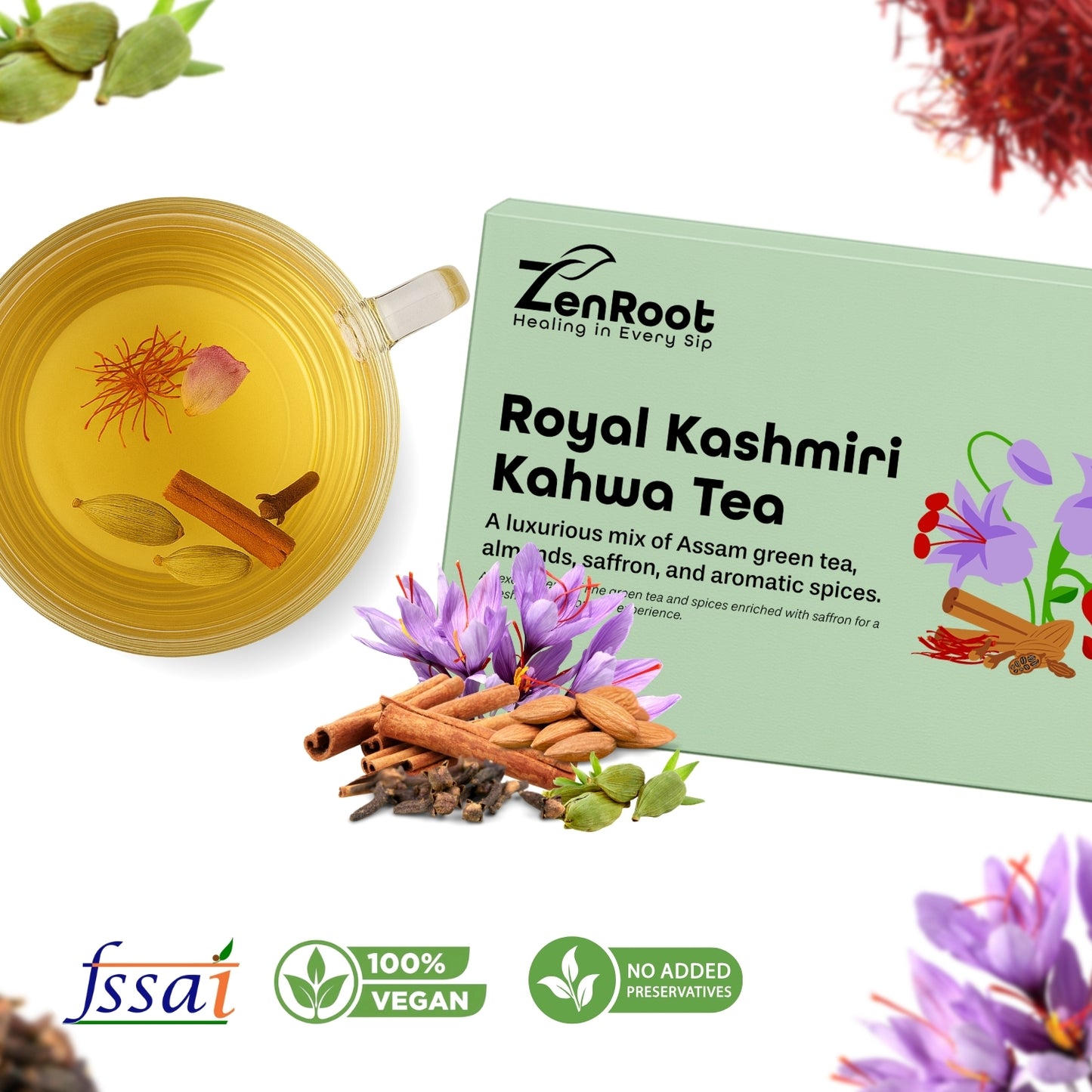 Royal Kashmiri Kahwa | Saffron spiced Kashmiri tea | Warm rich flavor | Blended with Green Tea, Saffron & Almonds and other enriching herbs | Improves digestion & uplifts mood