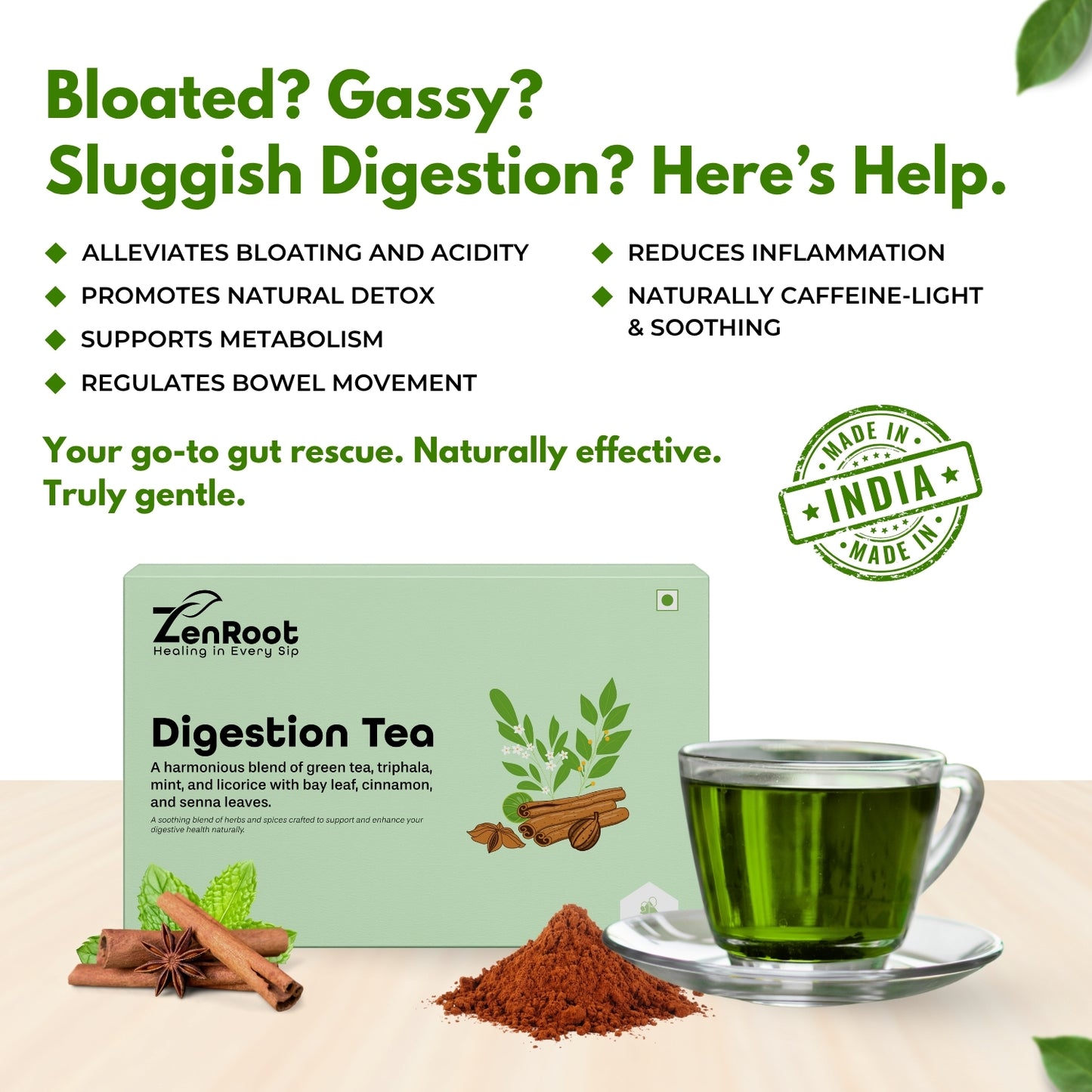 Digestion Tea | Tea for better digestion | Fresh minty taste | Blended with Triphala, Mint & Ajwain and other digestive herbs | Reduces bloating & improves gut health