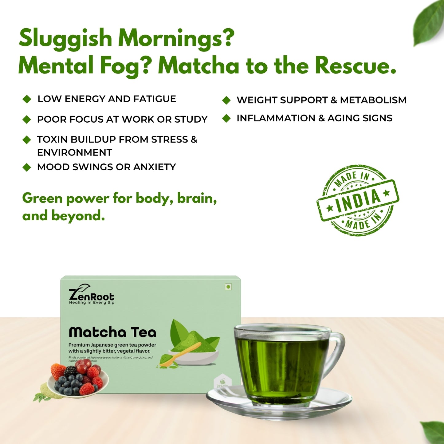 Matcha Tea | Japanese green matcha | Rich earthy taste | Blended with Matcha Powder, Catechins & Chlorophyll and other energizing herbs | Boosts focus & provides clean energy