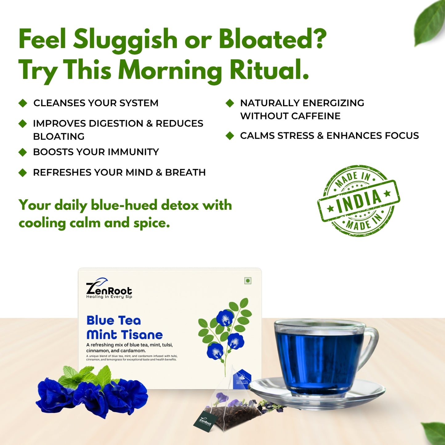 Blue Tea Mint Tisane | Refreshing blue flower tea | Natural blue color with cooling herbs | Blended with Butterfly Pea, Tulsi & Mint and other refreshing herbs | Refreshes body & helps detox