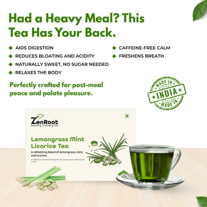Lemongrass Mint Licorice Tea | Tea for fresh digestion | Zesty herbal taste | Blended with Lemongrass, Mint & Licorice and other soothing herbs | Soothes stomach & refreshes naturally