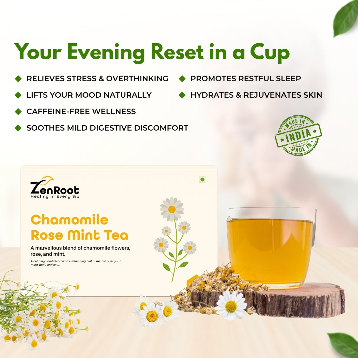 Chamomile Rose Mint Tea | Relaxing floral tea | Sweet calming taste | Blended with Chamomile, Rose & Mint and other calming herbs | Reduces stress & aids digestion