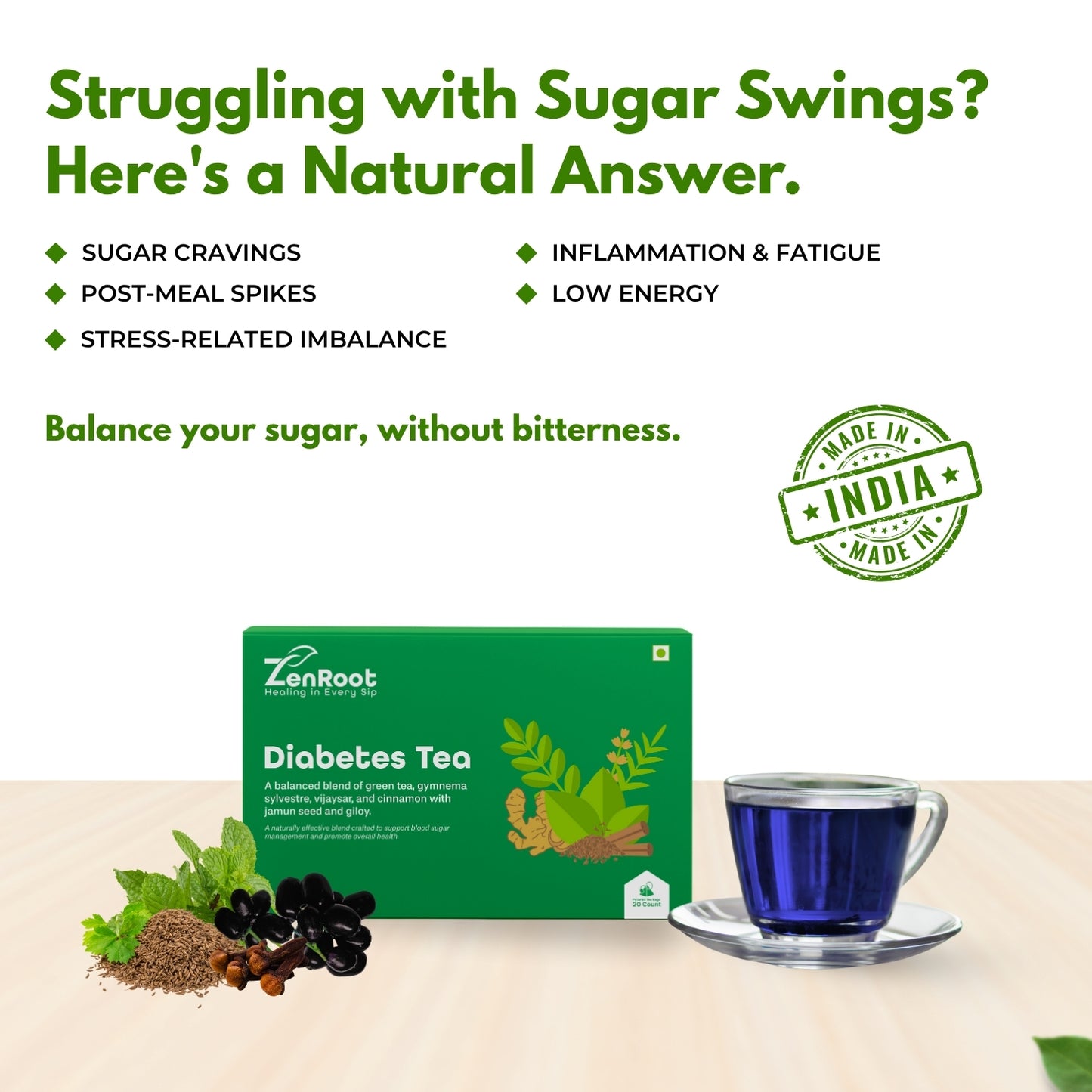 Diabetes Tea | Tea for sugar control | Warm spiced aroma | Blended with Gymnema, Jamun Seed & Fenugreek and other metabolism herbs | Helps manage sugar & supports metabolism