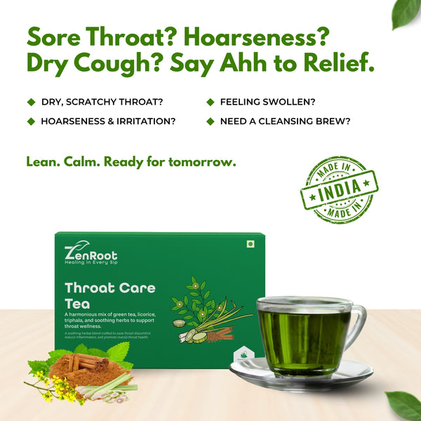 Throat Care Tea | Tea for sore throat relief | Warm soothing taste | Blended with Licorice, Triphala & Mint and other soothing herbs | Relieves cough & throat irritation