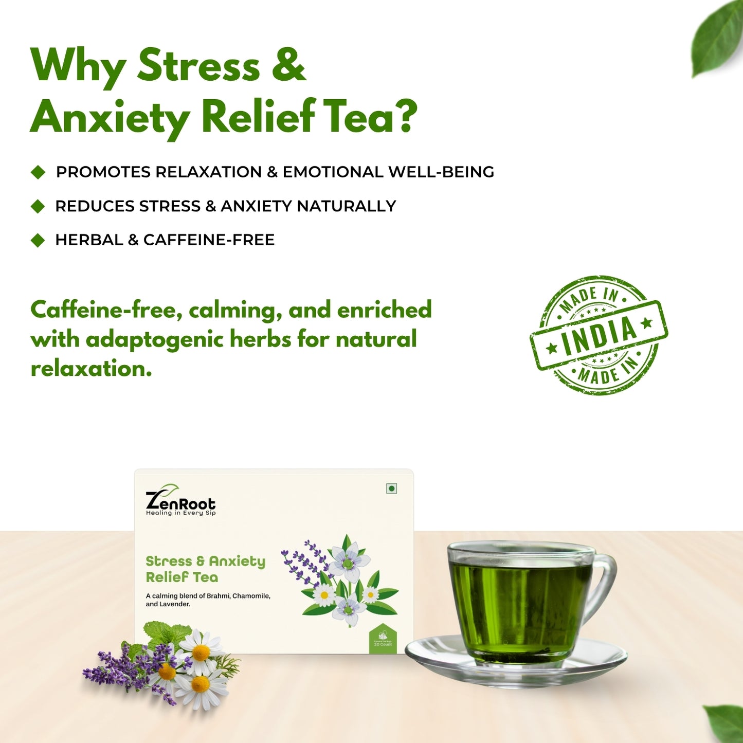 Stress & Anxiety Relief Tea | Tea for stress free mind | Smooth calming flavor | Blended with Brahmi, Chamomile & Lavender and other stress relief herbs | Reduces anxiety & improves mood