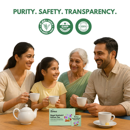 Royal Kashmiri Kahwa | Saffron spiced Kashmiri tea | Warm rich flavor | Blended with Green Tea, Saffron & Almonds and other enriching herbs | Improves digestion & uplifts mood