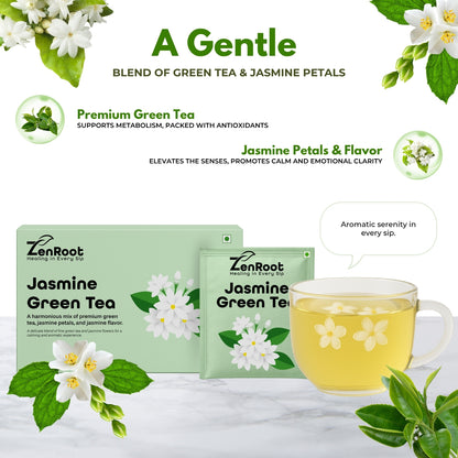 Jasmine Green Tea | Simple floral green tea | Light jasmine aroma | Blended with Green Tea, Jasmine & Lemon Balm and other refreshing herbs | Relieves stress & refreshes mind