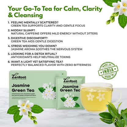 Jasmine Green Tea | Simple floral green tea | Light jasmine aroma | Blended with Green Tea, Jasmine & Lemon Balm and other refreshing herbs | Relieves stress & refreshes mind