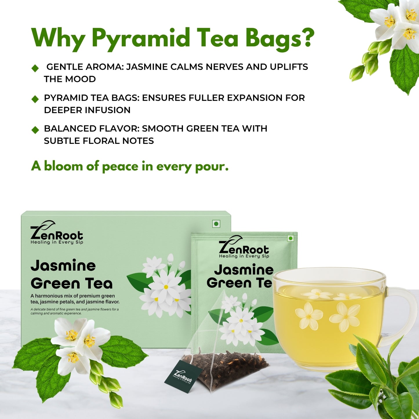 Jasmine Green Tea | Simple floral green tea | Light jasmine aroma | Blended with Green Tea, Jasmine & Lemon Balm and other refreshing herbs | Relieves stress & refreshes mind