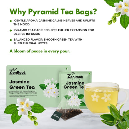 Jasmine Green Tea | Simple floral green tea | Light jasmine aroma | Blended with Green Tea, Jasmine & Lemon Balm and other refreshing herbs | Relieves stress & refreshes mind