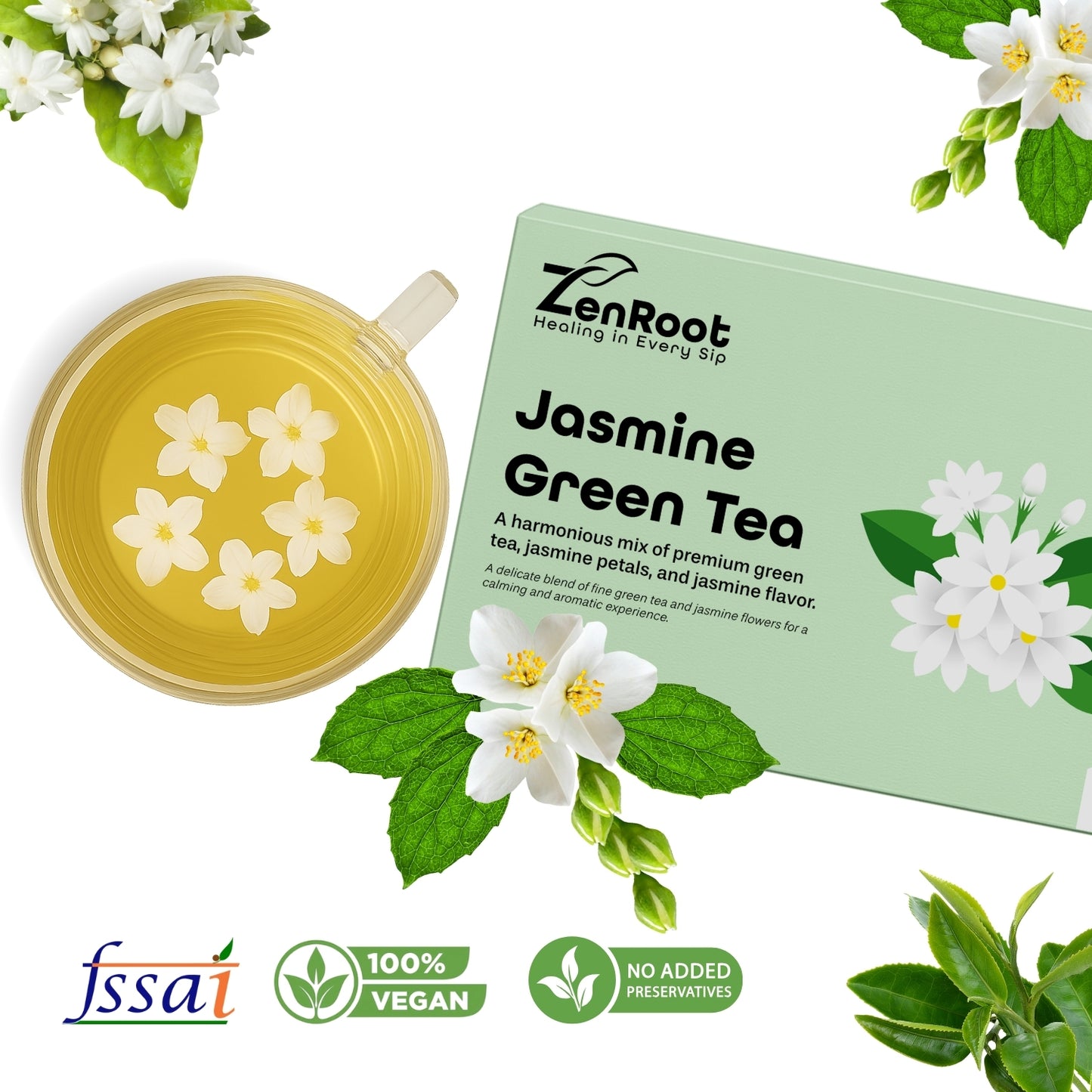 Jasmine Green Tea | Simple floral green tea | Light jasmine aroma | Blended with Green Tea, Jasmine & Lemon Balm and other refreshing herbs | Relieves stress & refreshes mind
