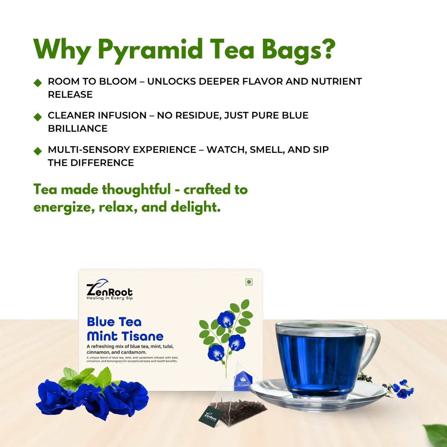 Blue Tea Mint Tisane | Refreshing blue flower tea | Natural blue color with cooling herbs | Blended with Butterfly Pea, Tulsi & Mint and other refreshing herbs | Refreshes body & helps detox