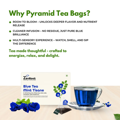 Blue Tea Mint Tisane | Refreshing blue flower tea | Natural blue color with cooling herbs | Blended with Butterfly Pea, Tulsi & Mint and other refreshing herbs | Refreshes body & helps detox