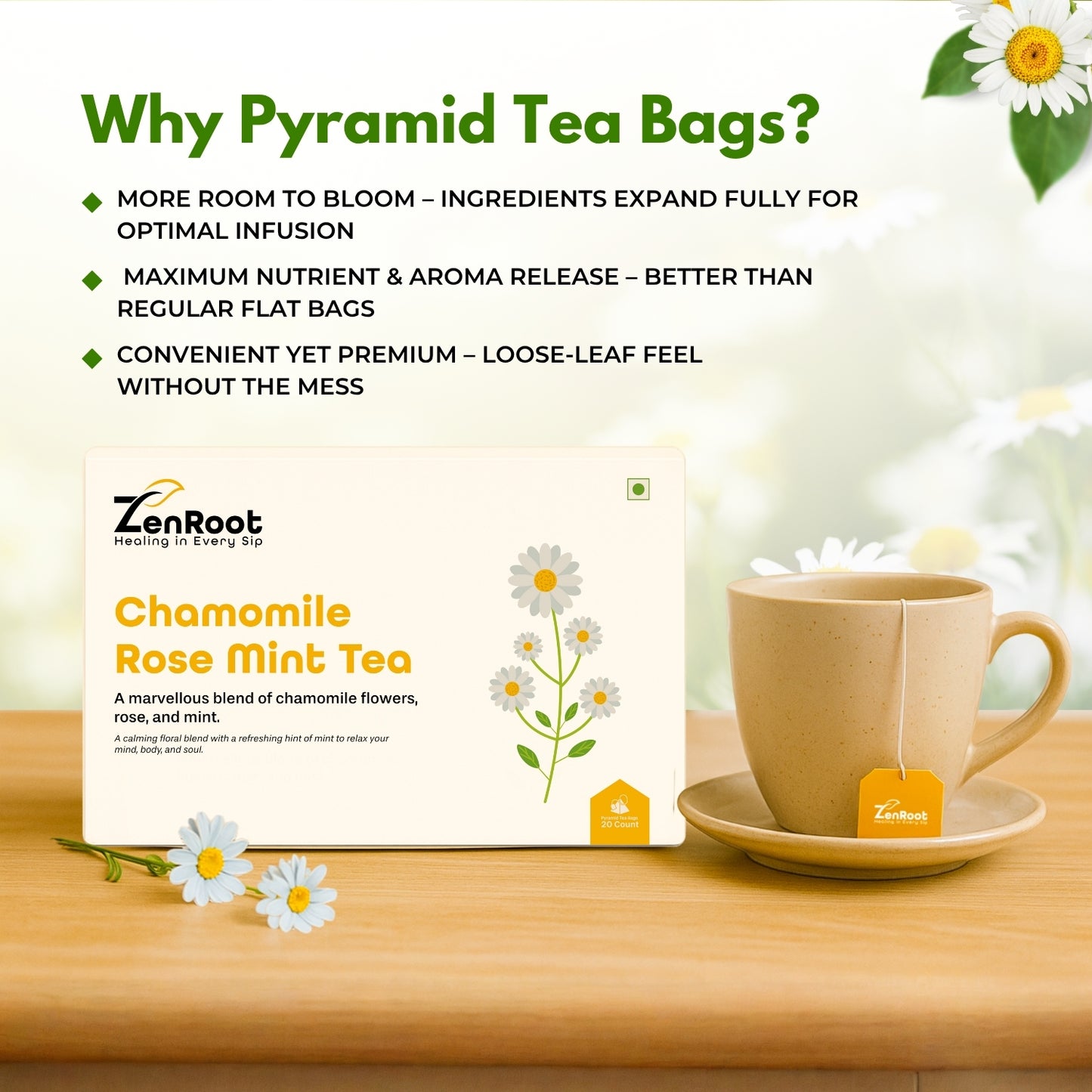 Chamomile Rose Mint Tea | Relaxing floral tea | Sweet calming taste | Blended with Chamomile, Rose & Mint and other calming herbs | Reduces stress & aids digestion