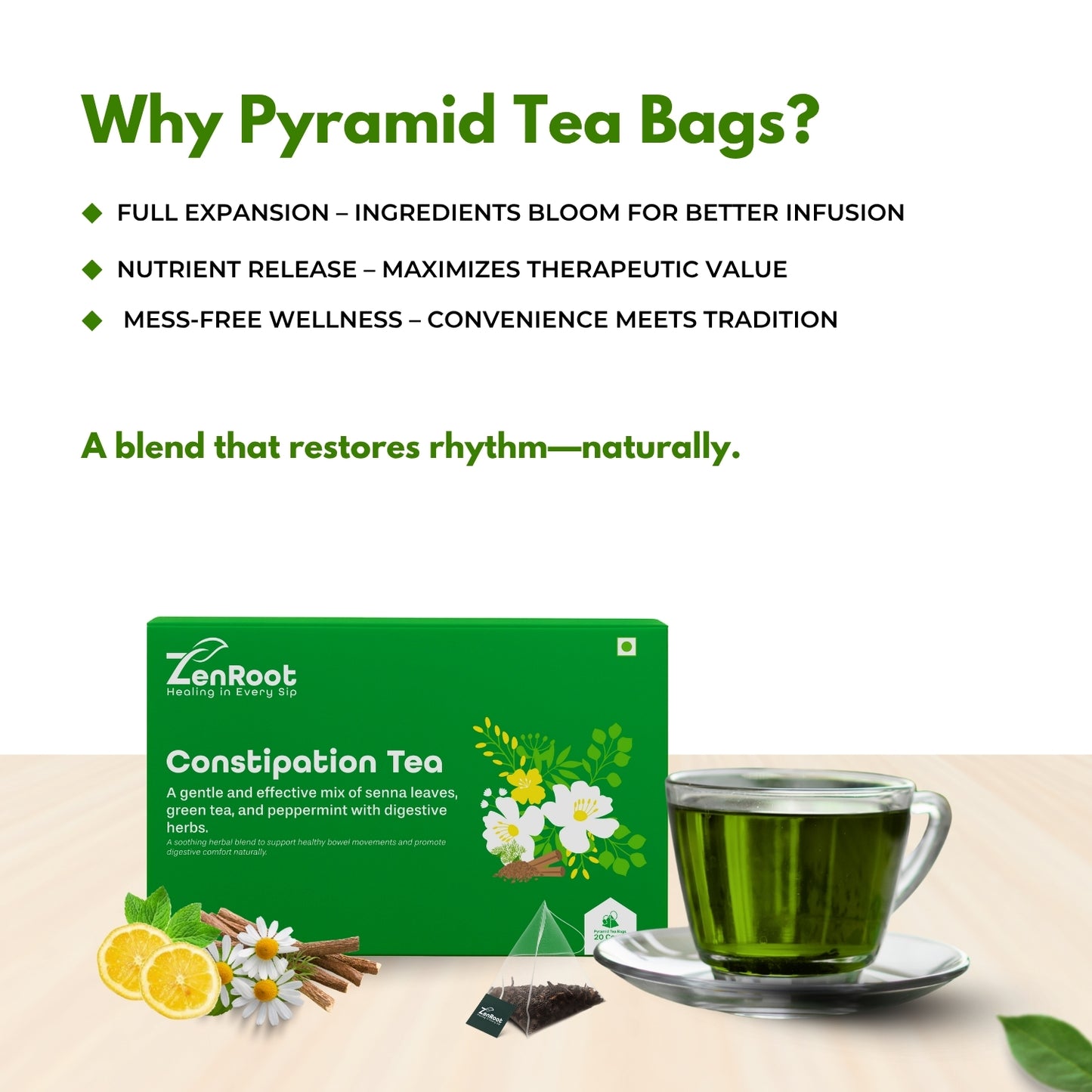 Constipation Tea | Natural relief from constipation | Mild herbal taste | Blended with Senna, Triphala & Peppermint and other digestive herbs | Supports smooth digestion & bowel movement