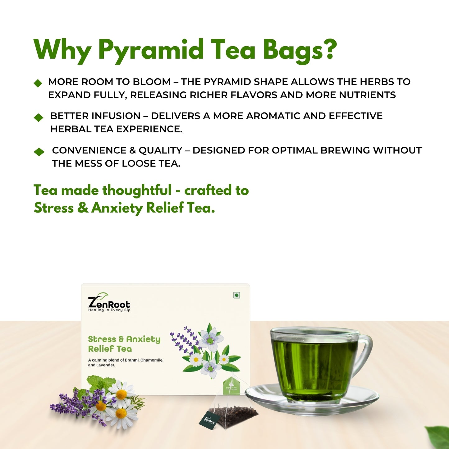 Stress & Anxiety Relief Tea | Tea for stress free mind | Smooth calming flavor | Blended with Brahmi, Chamomile & Lavender and other stress relief herbs | Reduces anxiety & improves mood