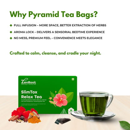 SlimTox Relax Tea | Stress-free weight tea | Light calming taste | Blended with Valerian, Nettle & Tulsi and other calming herbs | Reduces stress & supports weight balance