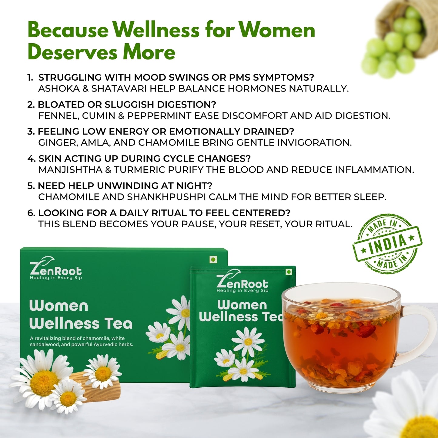 Women Wellness Tea | Women’s health balance tea | Mild sweet taste | Blended with Shatavari, Ashoka & Chamomile and other women’s health herbs | Supports hormones & women’s vitality
