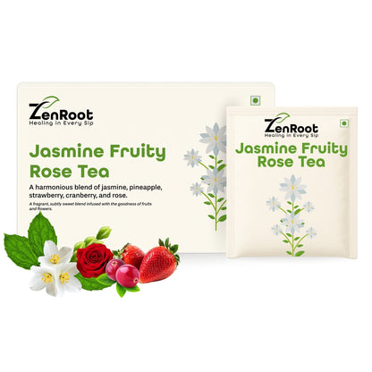Jasmine Fruity Rose Tea | Mood uplifting fruity tea | Sweet floral-fruity aroma | Blended with Jasmine, Strawberry & Rose and other uplifting herbs | Refreshes mind & uplifts mood