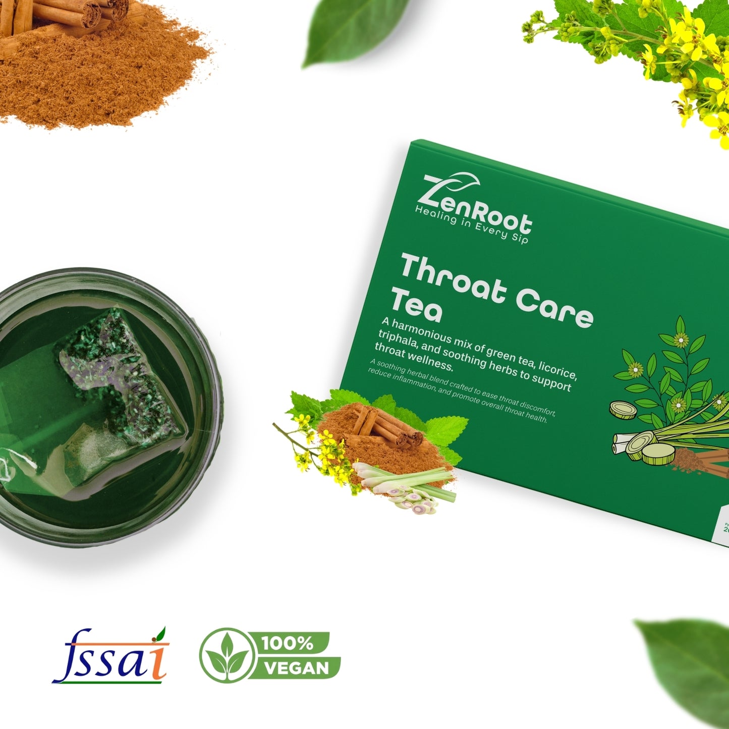 Throat Care Tea | Tea for sore throat relief | Warm soothing taste | Blended with Licorice, Triphala & Mint and other soothing herbs | Relieves cough & throat irritation